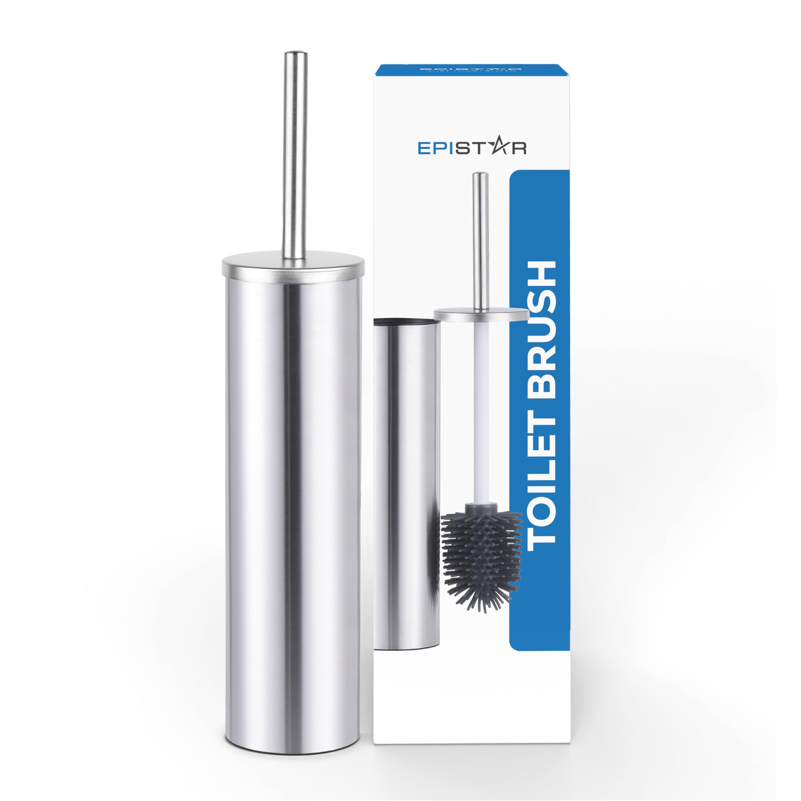 EPISTAR Silicone Toilet Brush & Holder Set - Stainless Steel - Replacement Heads Available - 45cm Tall - Toilet Brush Silicone with Long Handle (Silver)