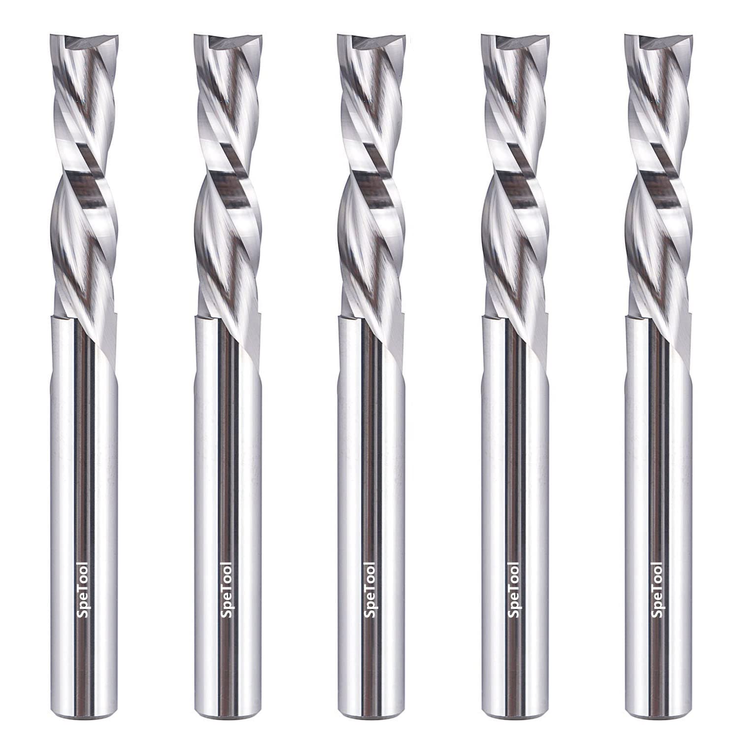 SpeTool 5pcs Downcut Spiral Router Bits 1/4 Inch Shank, HRC55 Solid Carbide CNC End Mill for Plywood and Hardwood, Woodworking Milling Cutter, 1/4" Cutting Dia, 1" Cut Length