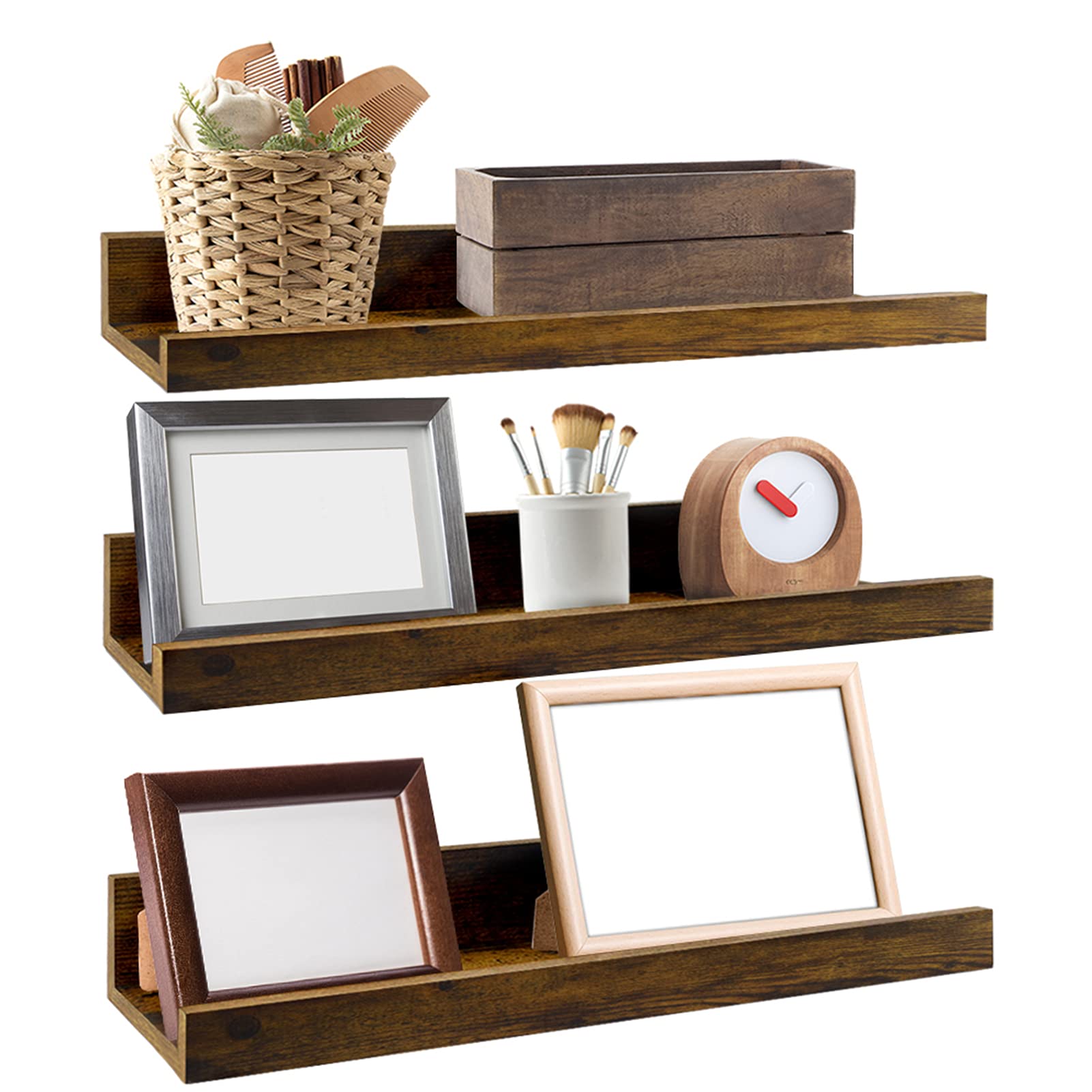 EXYGLO 16 Inch Brown Floating Shelves for Wall, Rustic Wall Mounted Shelves for Bedroom, Kitchen, Bathroom, Living Room, Office (Set of 3 in Different Sizes) — image 1