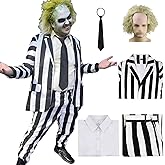 QIHUACOSPVC 5 Pcs Black and White Striped Suit for Men Halloween Scary Cosplay Costume with Wig