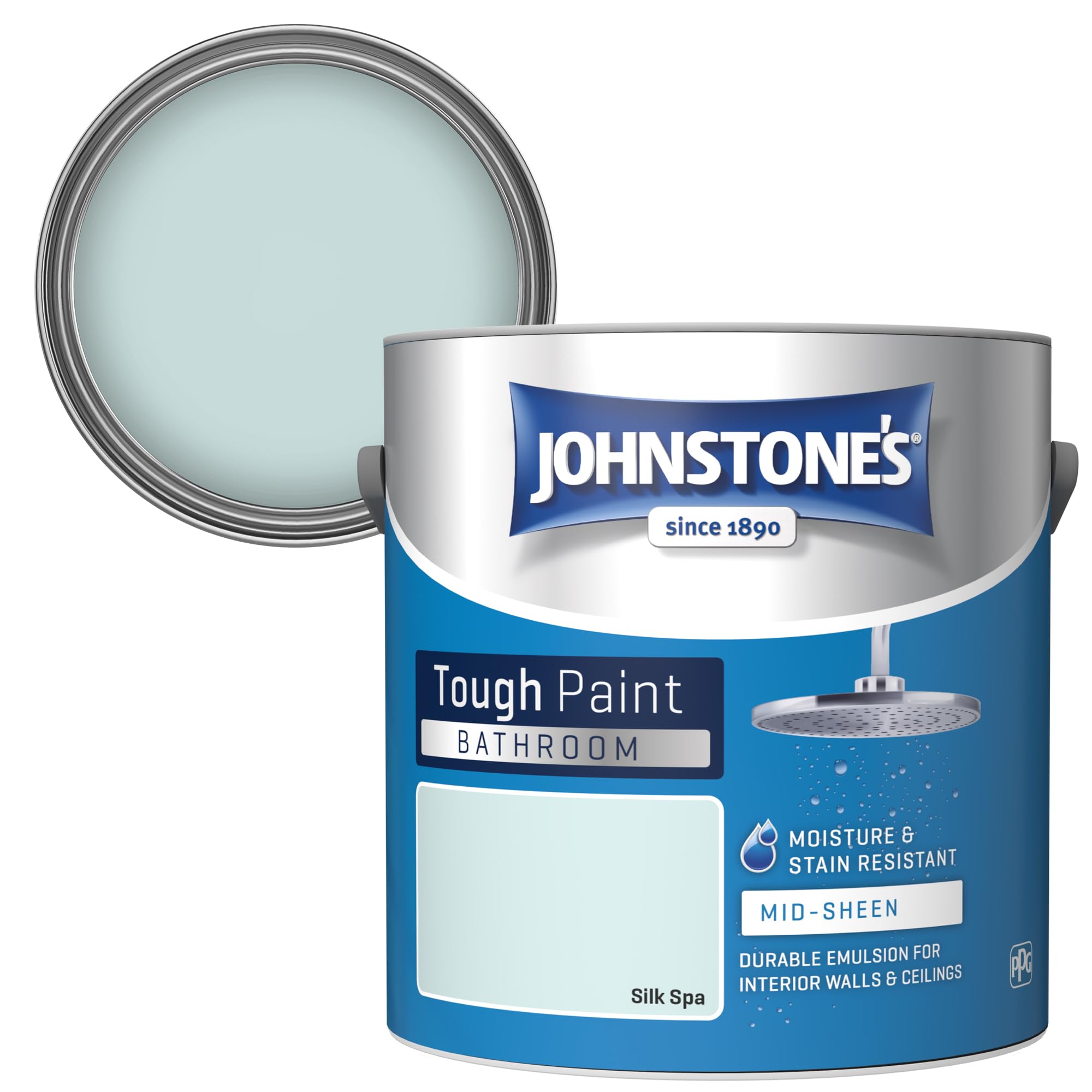 Johnstone's - Bathroom Paint - Silk Spa - Mid Sheen Finish - Stain Blocker Paint - Use in Moist & Damp Areas - Low Odour - Dry in 1-2 Hours - 12m2 Coverage per Litre - 2.5L