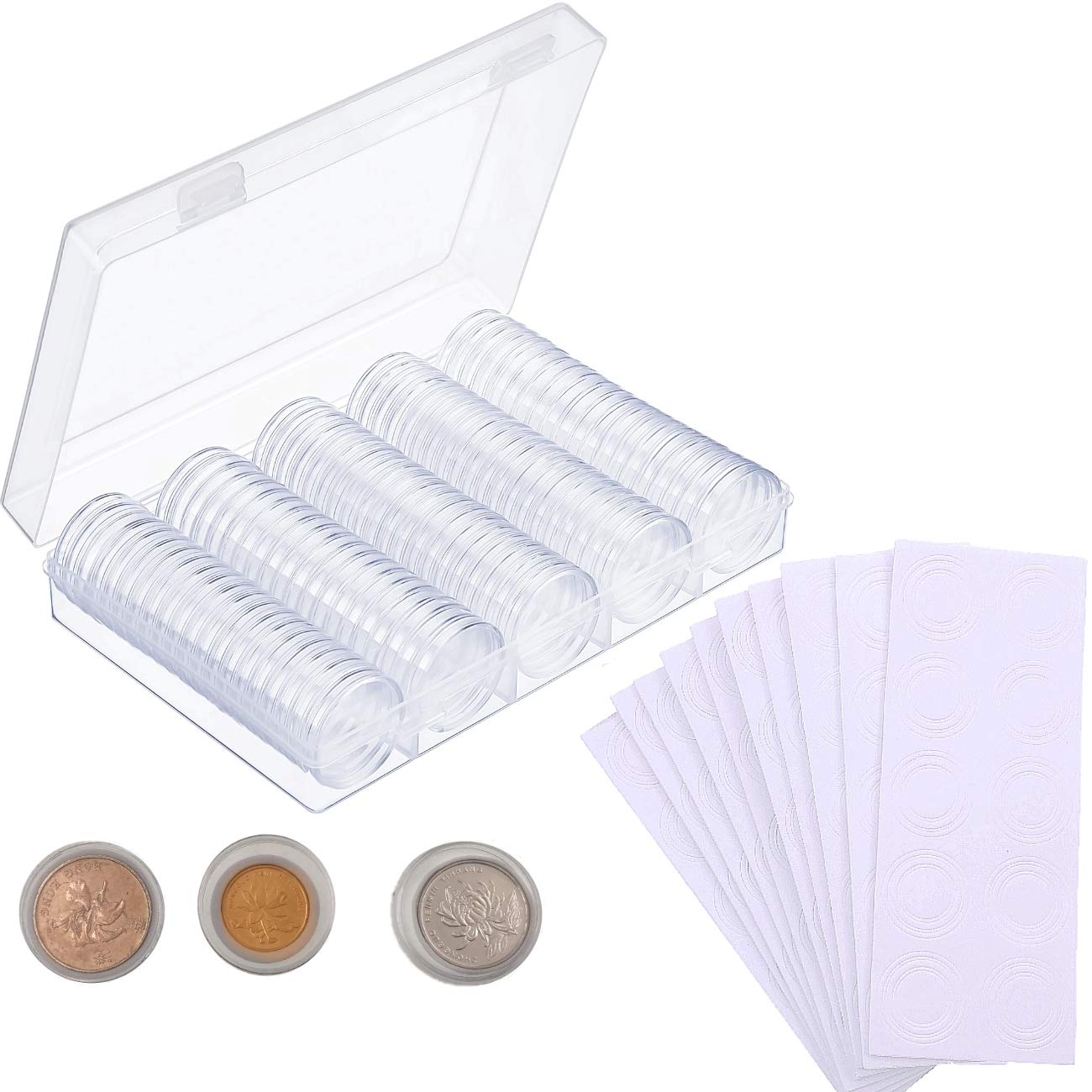 JZK 100 x Plastic Coin Capsules 30mm Coin Holder case + 100 x Foam Gasket (17/20 / 25/27 / 30mm) for Coin Collection Supplies