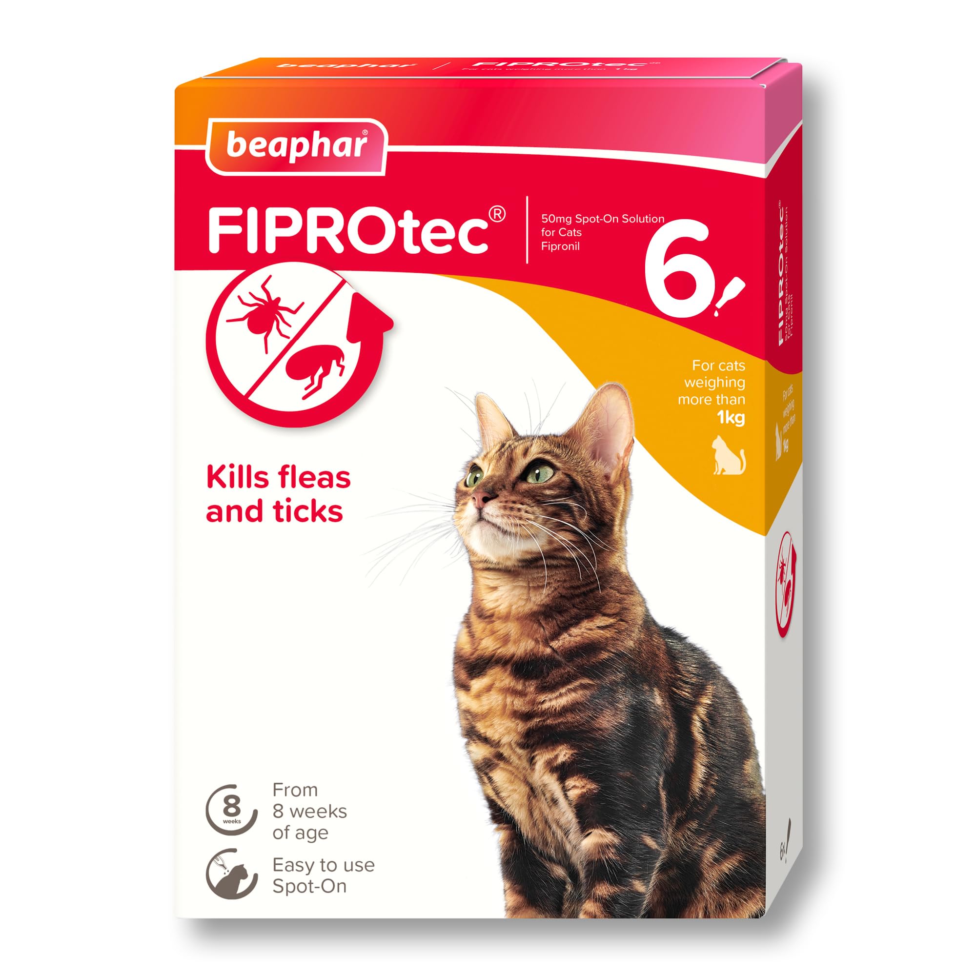 Beaphar - FIPROtec Spot-On Flea & Tick Treatment for Cats - 6 Pipettes - Kills Fleas & Ticks - Veterinary Medicine – Easy to Apply Monthly - For Cats & Kittens from 8 Weeks Old, Weighing Over 1kg