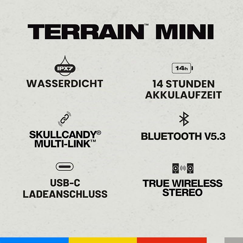 Terrain Mini Wireless tragbarer Bluetooth-Lautsprecher, Wasserdicht (IPX7), 14 Stunden Akkulaufzeit, True-Wireless-Stereo mit integriertem Trageriemen für Reisen, Outdoor-Einsätze, Schwarz