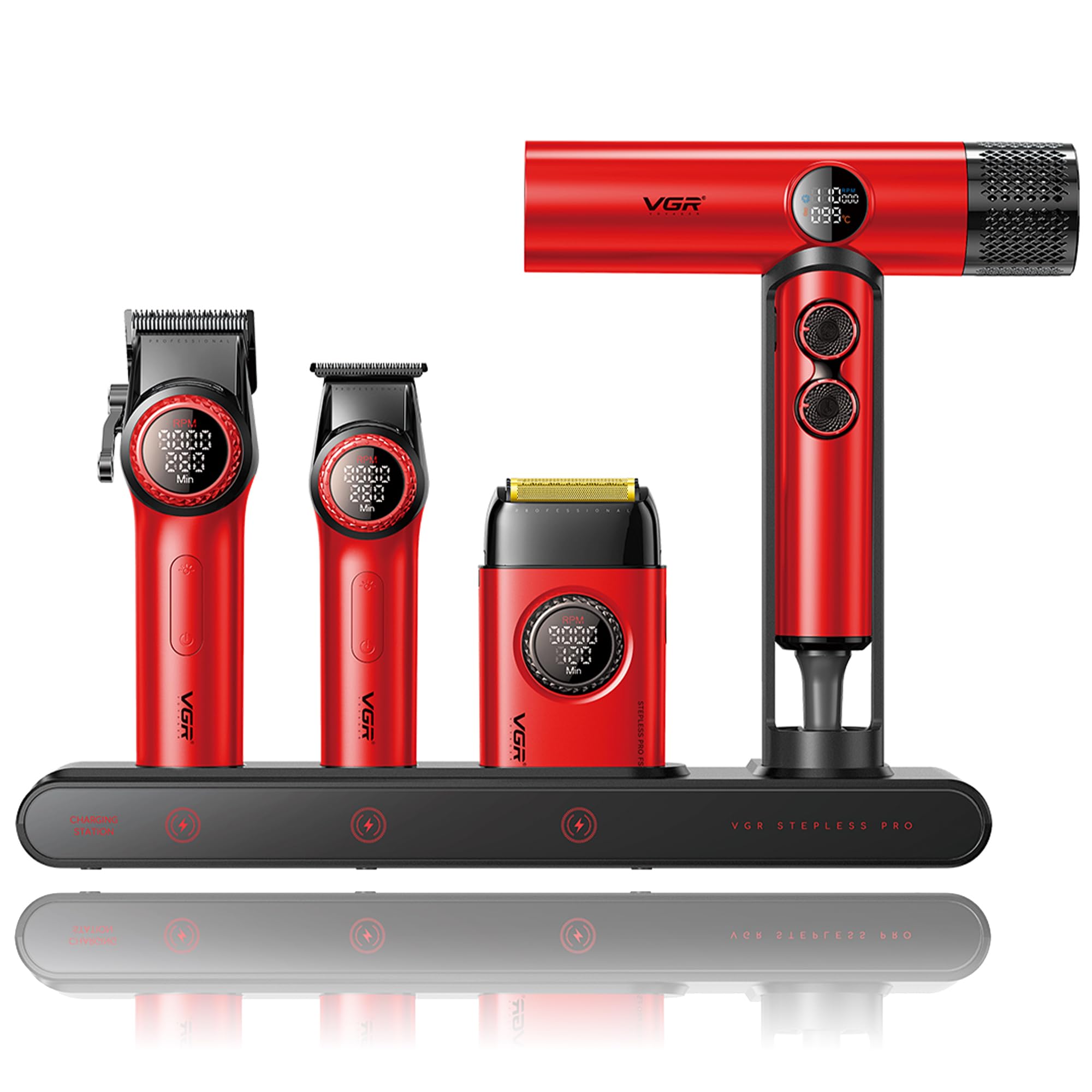 Photo 1 of VGR Professional Barber Combo 4 in 1 – Cordless Hair Clipper, Trimmer, Foil Shaver & Powerful Hair Dryer Set for Men, 9000 RPM Motor, Long Battery Life, All-in-One Grooming Kit (Red)