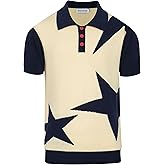 OXKNIT Knit Polo Shirts for Men, Dark Blue Star Vintage Polo Shirt Casual Short Sleeve Begie Golf T Shirts