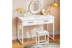 AODK Vanity Desk with 2 Fabric Drawers, 40 Inch Makeup Vanity Without Mirror, Small White Vanity Desk for Bedroom, Makeup Vanity Table with Chair, Girls Vanity Set, White