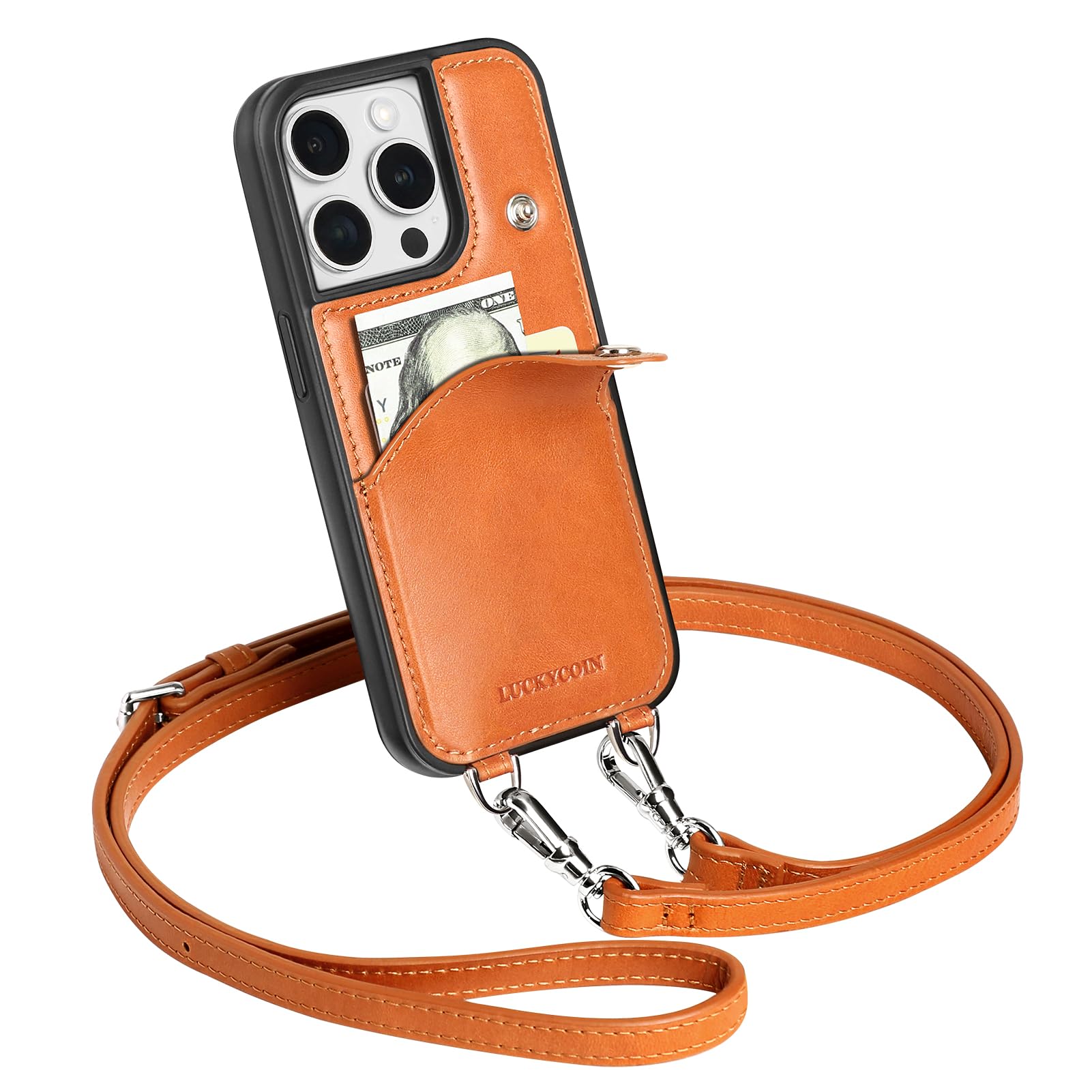 LUCKYCOIN Crossbody Wallet Phone Case for iPhone 15 Pro,100% Genuine Leather Phone Purse Case for Women,with Expandable Card Holder,with Adjustable & Removable Strap Retro Brown