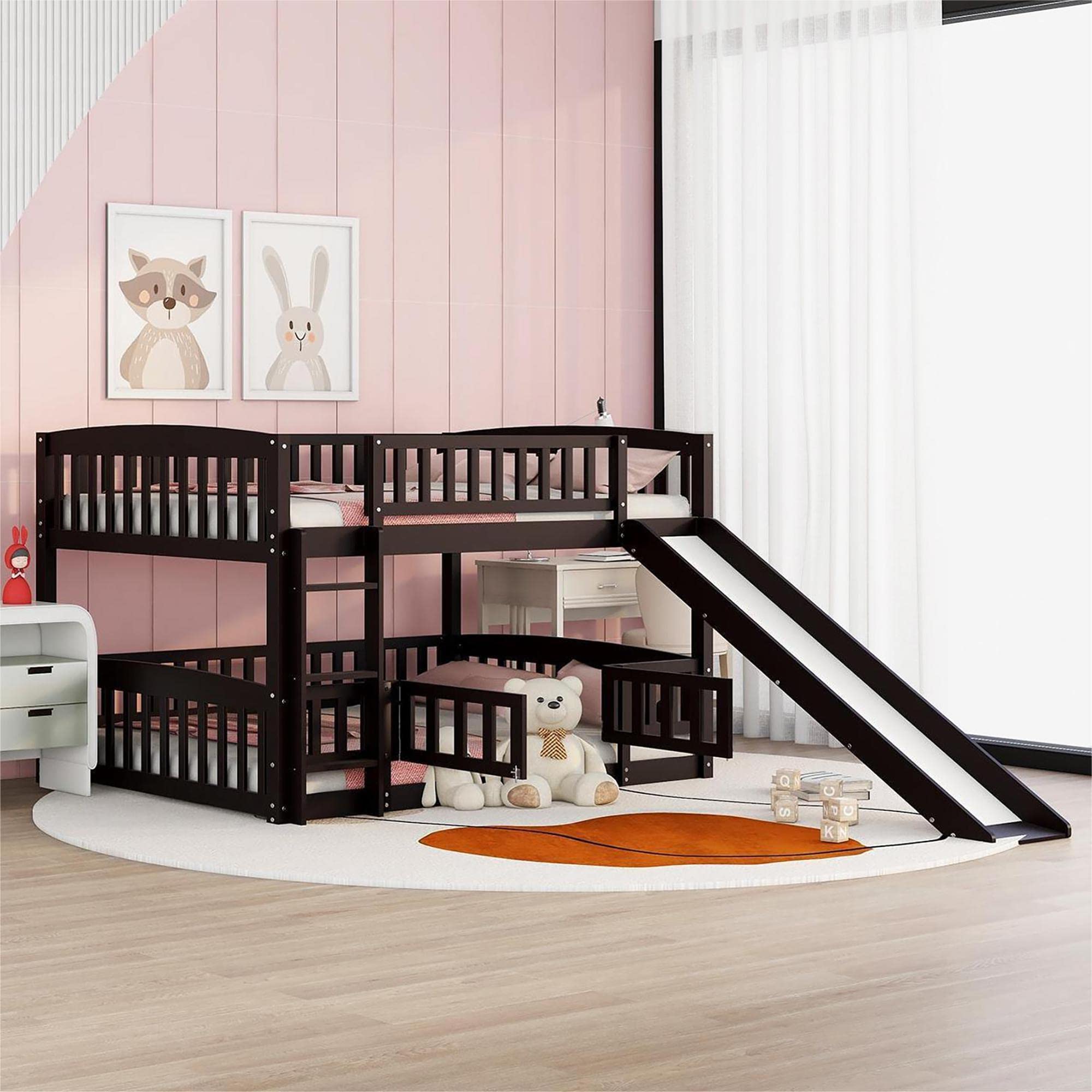 Photo 1 of Merax Full Over Full Bunk Bed with Slide, Low Bunk Bed with Fence and Ladder, Solid Pine Wood Structure forBedroom, Espresso  BOX 1 OF 2 ONLY