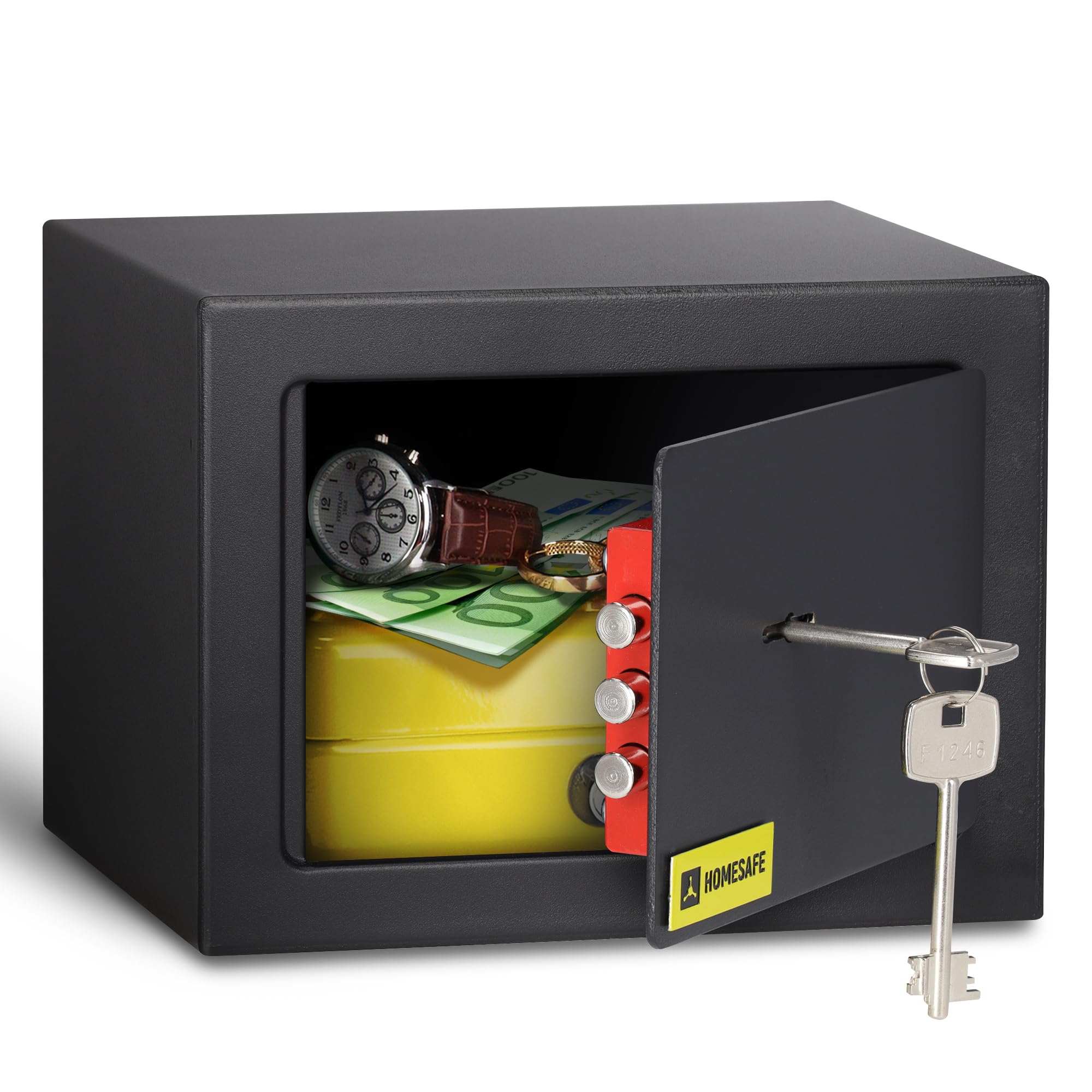 HomeSafe HV15K Safe Box with Key Lock, 15x20x17cm (HxWxD), Money Box for Home Security, Storage Safety Locker, Small Safe for Cash Savings, Jewelry or Money