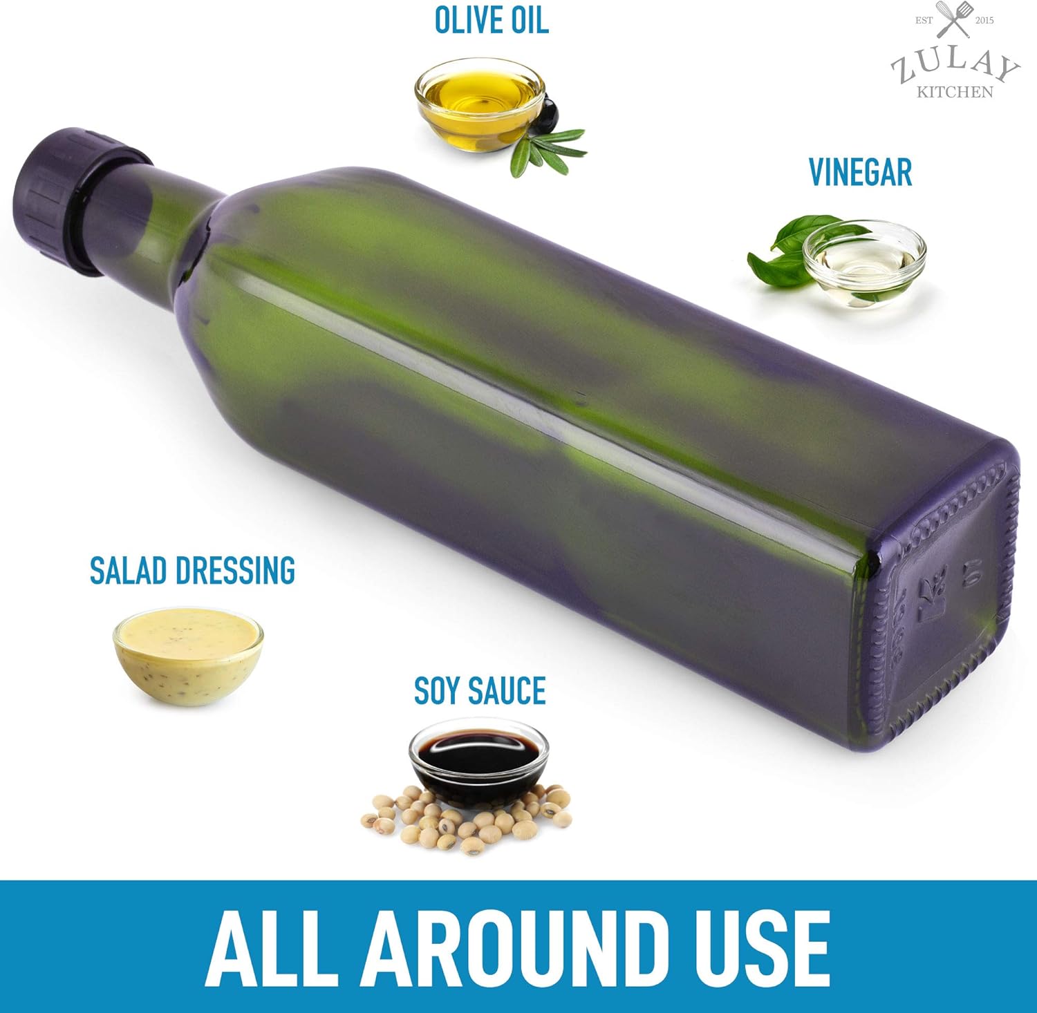 Zulay (17oz) Olive Oil Dispenser Bottle For Kitchen - Glass Olive Oil Bottle With 2 Spouts, 2 Removable Corks, 2 Caps, & 1 Funnel - Oil Bottle For Kitchen & Storing Liquids (Green Bottle): Kitchen & Dining