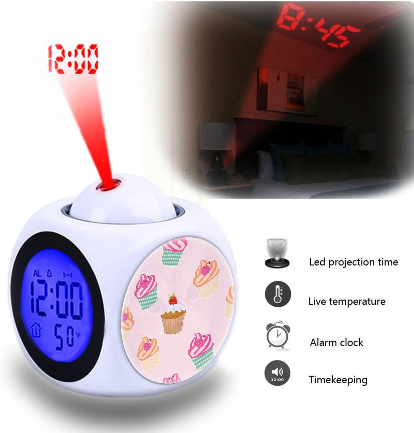 Projection Alarm Clock Wake Up Bedroom with Data and Temperature Display Talking Function, LED Wall/Ceiling Projection,Customize The pattern-695.Pretty Flowers and Garden Cupcakes