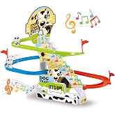 Dalmatian Racer Climbing Stairs Slide Toy - Spotty Dog Race Track Puppy Chasing Roller Coaster Game Set with LED Lights and Music for Toddlers, Kids