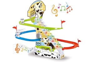 LIBERTY IMPORTS Dalmatian Racer Climbing Stairs Slide Toy - Spotty Dog Race Track Puppy Chasing Roller Coaster Game Set with LED Lights and Music for Toddlers, Kids