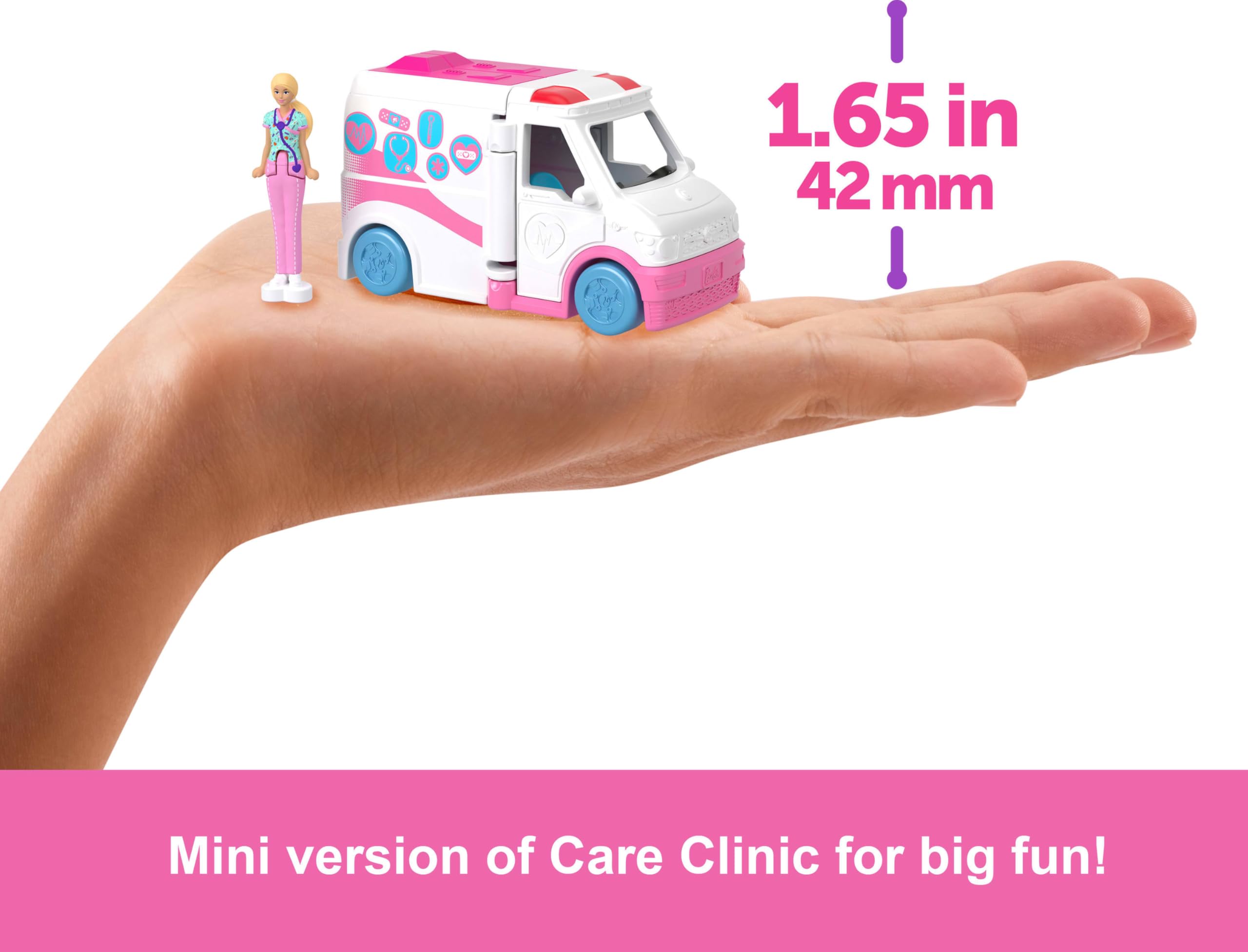 Barbie Mini BarbieLand Doll & Toy Vehicle Set with 1.5-inch Doll, Color-Change Care Clinic Vehicle & Medical Office