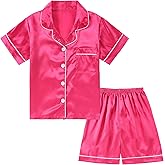 DIPUG Girls Pajamas Satin Pajama Set Silk Pjs Short Sleeve Sleepwear