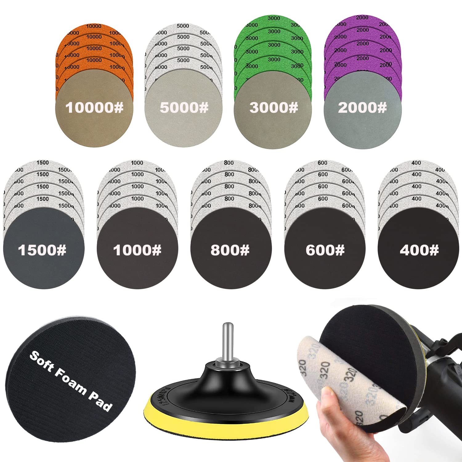 Photo 1 of 45PCS Water Grit Sandpaper 5 Inch with Hook and Loop Backing Pad 5/8-11 and Foam, Angle Grinder Attachments 400 to 10000 Grits, Wet Dry Sanding Discs Kit for Wood Metal