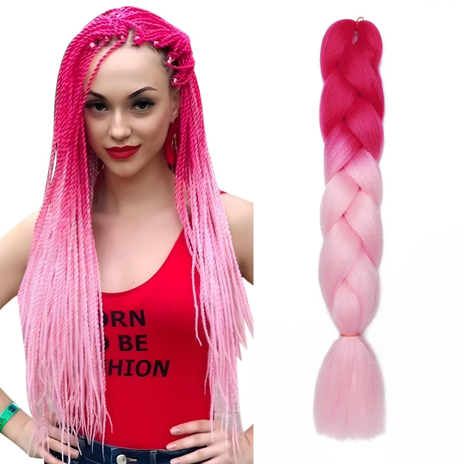 Ombre 4 Tones Braiding Hair Extensions Jumbo Braids Hair Extension Jumbo Braiding for Twist Braiding 24",1 Bundles - Rose Red to Light Pink