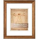 WYNCO 11x14 in Distressed Gold Beveled Design Classic Ornate Picture Frame, Matted for 8x10 inches Photos, Paitings or artworks, Real Glass Protection