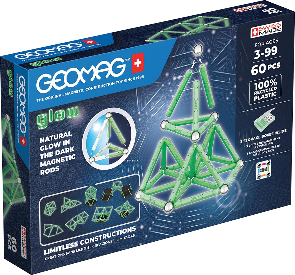 Geomag, Glow in the dark, Magnetic Constructions With Glow Effect, 60-Piece Pack, 100% Recycled Plastic