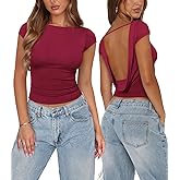 Pungdra Womens Open Back Tops for Women Trendy Backless Shirt Short Sleeve Slim Fit Going Out Top Y2k Basic Clothes