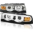 Spec-D Tuning Chrome LED Dual Halo Projector Headlights Compatible with 1995-2001 BMW E38 7-Series, Left + Right Pair Headlamps Assembly