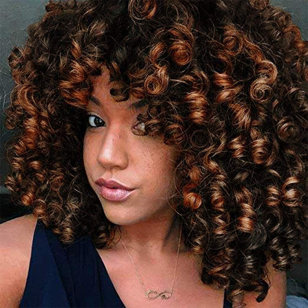 ColorfulPanda Short Curly Hair Wigs for Black Women Brown Mixed Blonde Color Afro Kinky Curly Wig 150% Density Brazilian Synthetic Hair Wigs with bangs
