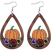 Handmade Thanksgiving Pumpkin Dwarf Double-sided Wooden Dangle Earrings Colorful Lightweight Flower Pumpkin Pie Coffee Cup Triple Hanging Earrings for Women Thanksgiving Day Fall Holiday Jewelry