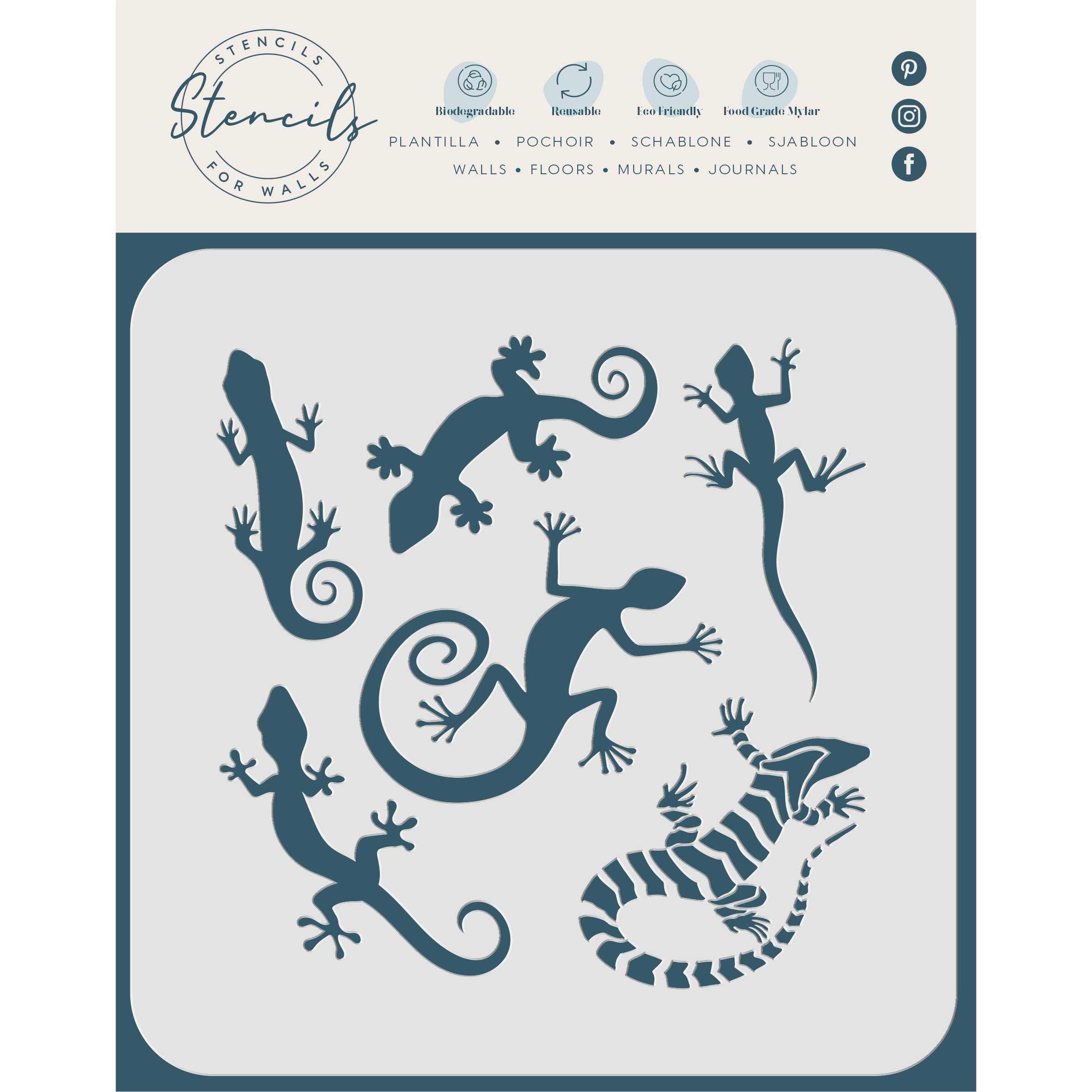 Geckos Stencil, 16.5 x 16.5 cm (M) - Mixed Media Lizard Reptile Stencils for Painting Template