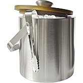 Lily's Home Double Wall Insulated Small Ice Bucket with Bamboo Lid - Stainless Steel Ice Holder with Tongs and Strainer, Ideal for Parties,Camping,Kitchen, Tiki Bar, Cocktail Bar, Portable & Mini,1.3L