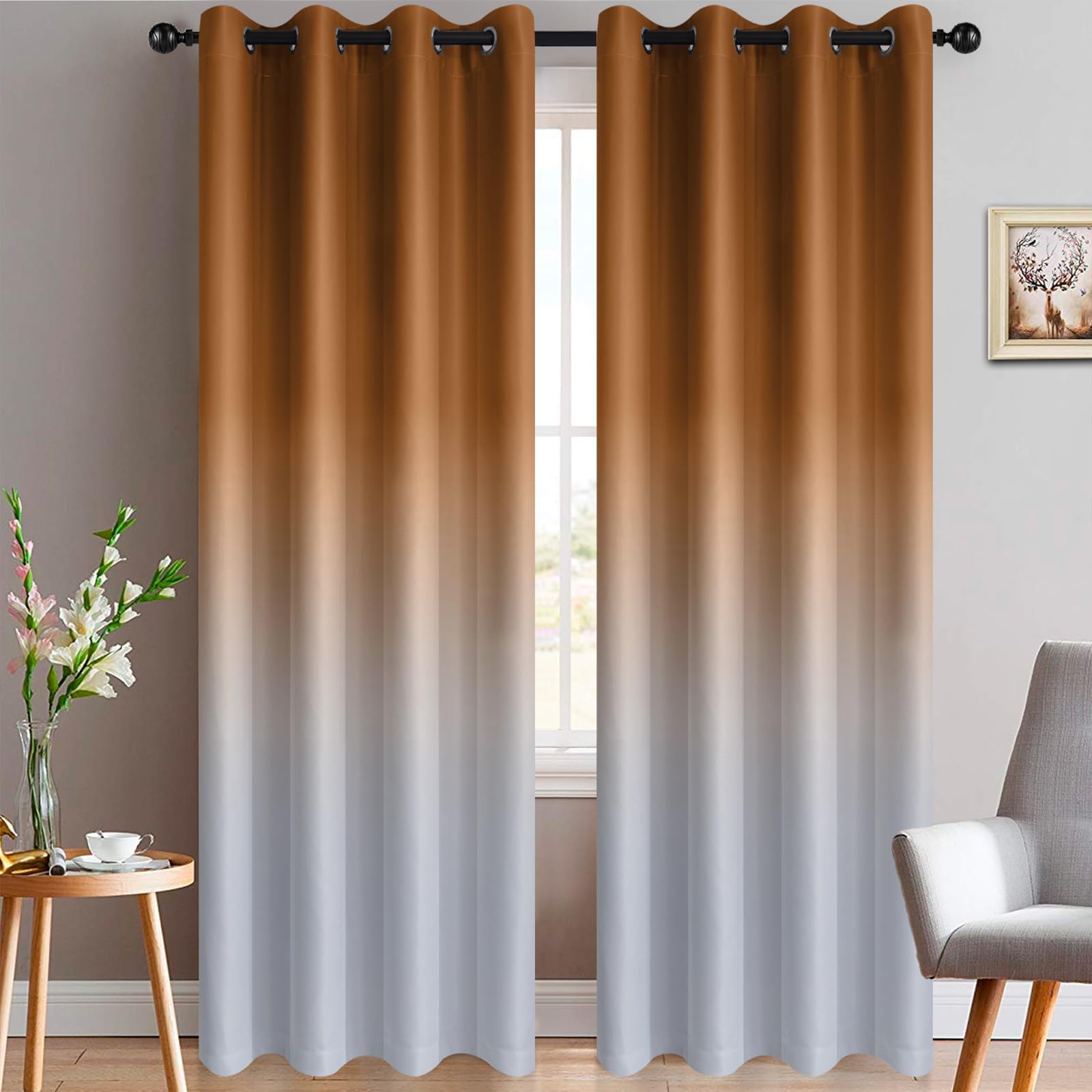 Yakamok Light Blocking Gradient Color Curtains Burnt Orange Ombre Blackout Curtains Room Darkening Grommet Window Drapes for Living Room/Bedroom (Burnt Orange,2 Panels,52x84 Inch) Image