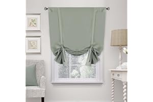 Mightree Blackout Tie Up Curtains for Windows, Three-Layer Woven Roman Curtains, Thermal Insulated Balloon Curtain, Shade Rod Valance Curtains for Kitchen, Living Room, Bedroom, Green, 42" Wx63 L