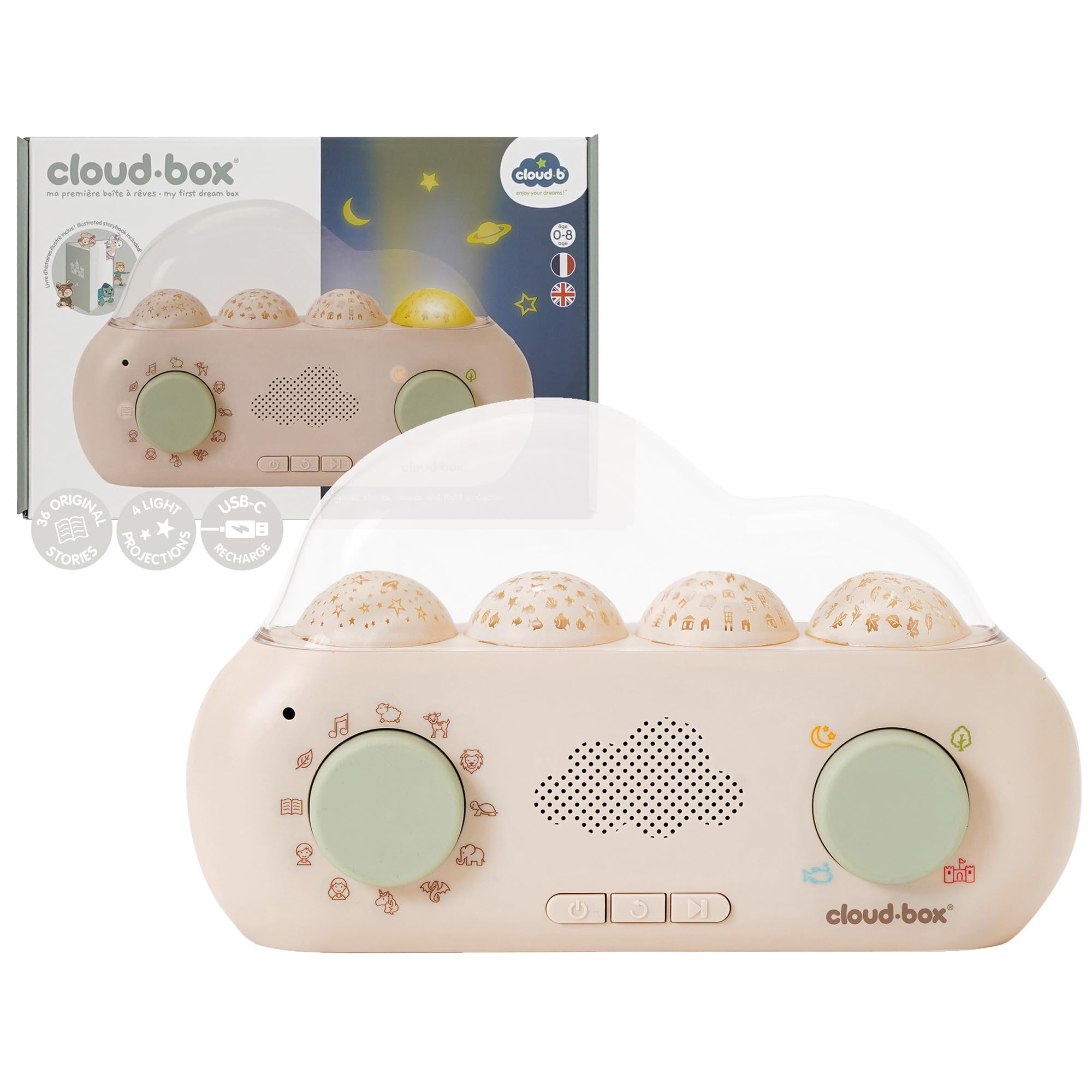 Cloud b Cloudbox Projector Night Light Story Teller with 36 Stories 4 Light Projections & 8 Melodies | Rechargeable White Noise Machine Baby | Auto Shut Off