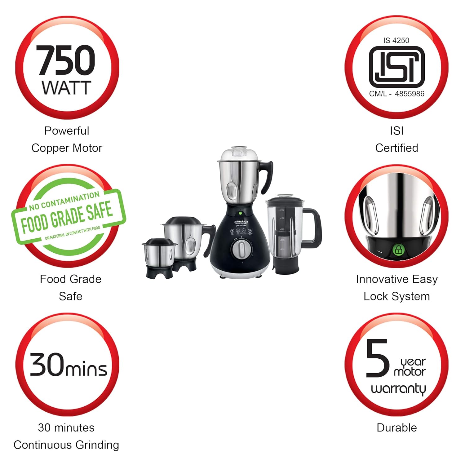 Mixer Grinder 750Watt with 4 Jars Maharaja Whiteline Best Price