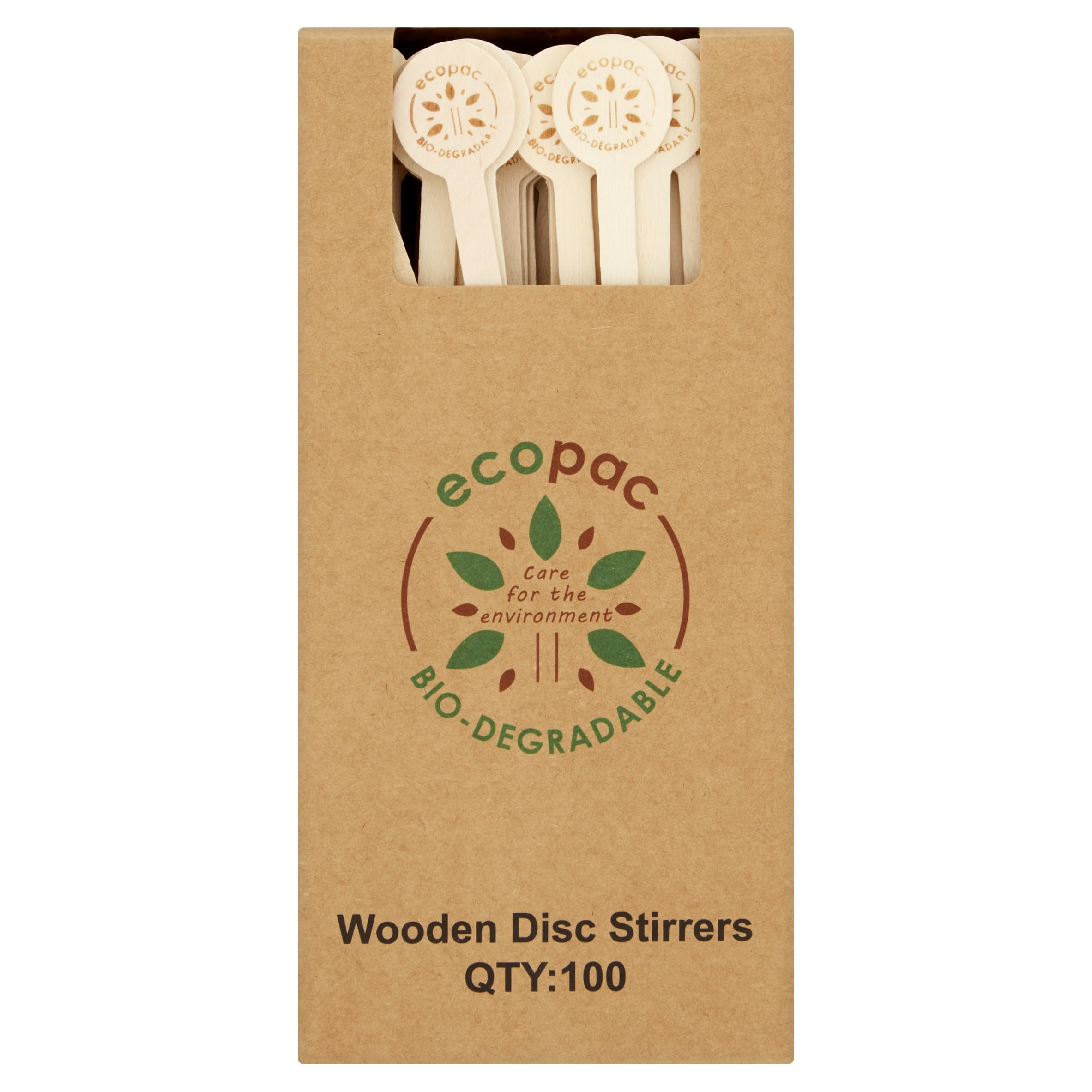 Ecopac Bio-degradable Wooden Disc Stirrers 100 Qty Length 180cm