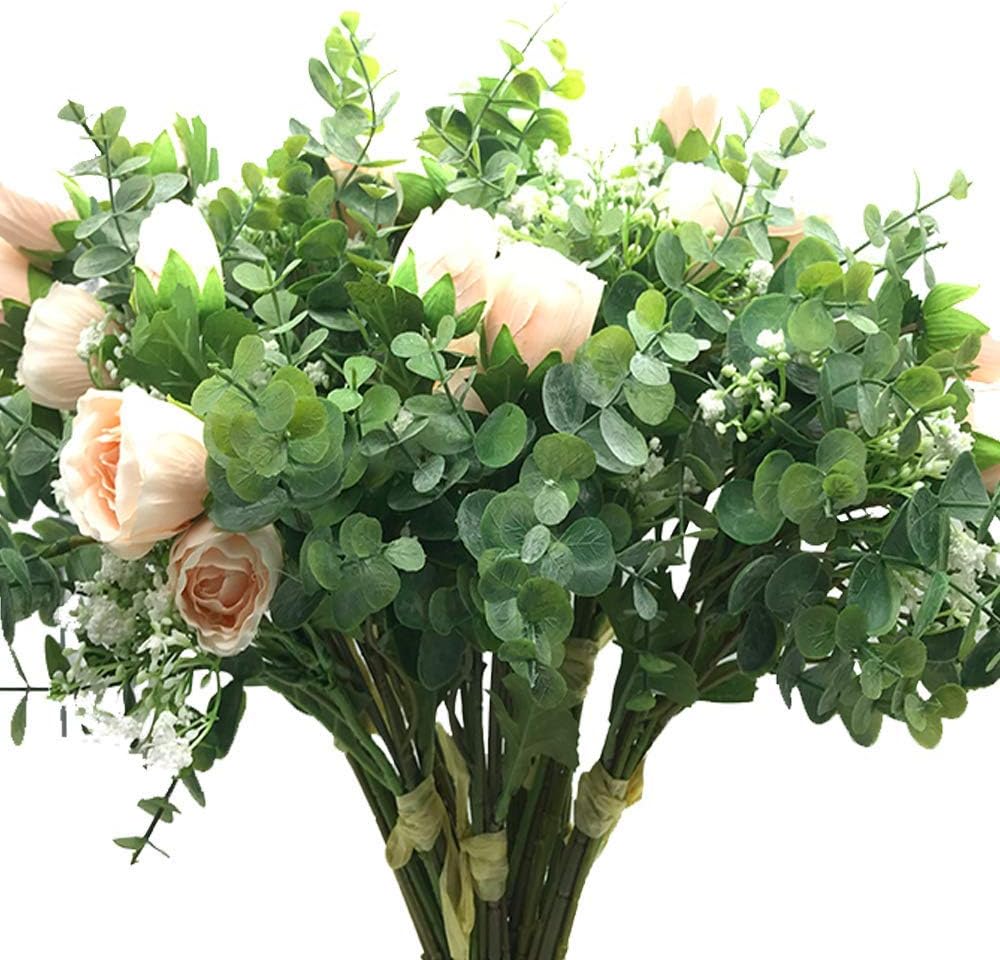 Aisamco 2 Pcs Artificial Bouquet Assorted Flowers Fake Rose Baby’s Breath Eucalyptus Branches 13.8” Tall for Table Home Office Decor Wedding Floral Arrangement Bridesmaid Bridal Bouquet