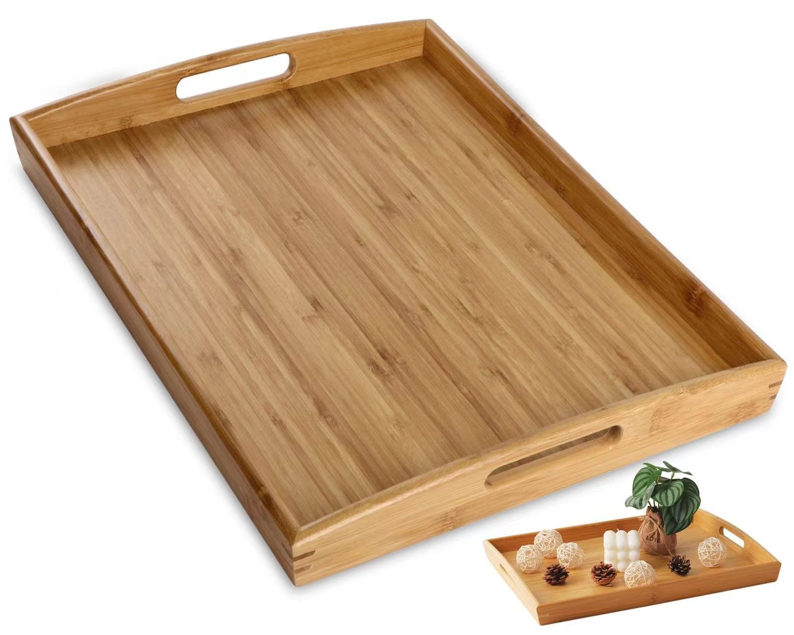 Bamboo Serving Tray With Handles - 33x22x5cm Carved Pattern Tray For Tea, Snacks, Breakfast