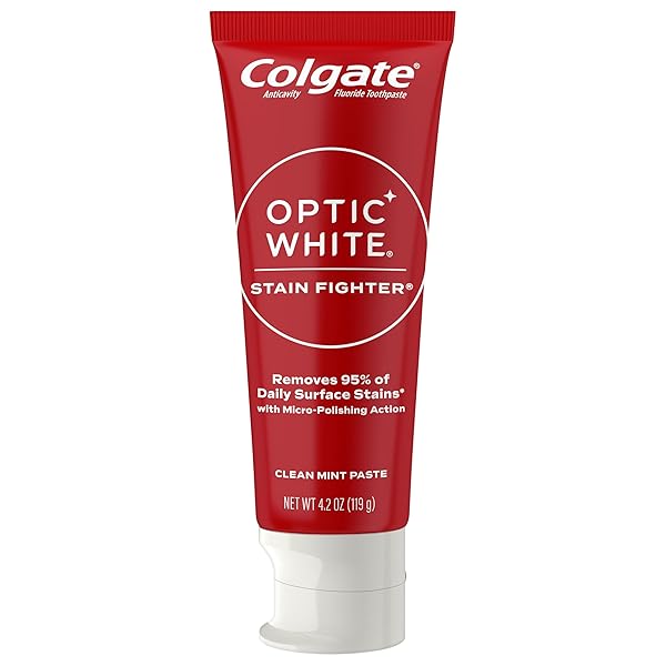 COLGATE OPTIC WHITE STAIN FIGHTER ANTICAVITY FLUORIDE TEETH WHITENING TOOTHPASTE, ENAMEL-SAFE FOR DAILY USE, PREVENTS NEW STAINS, CLEAN MINT, PACK OF 24, 4.2 OZ