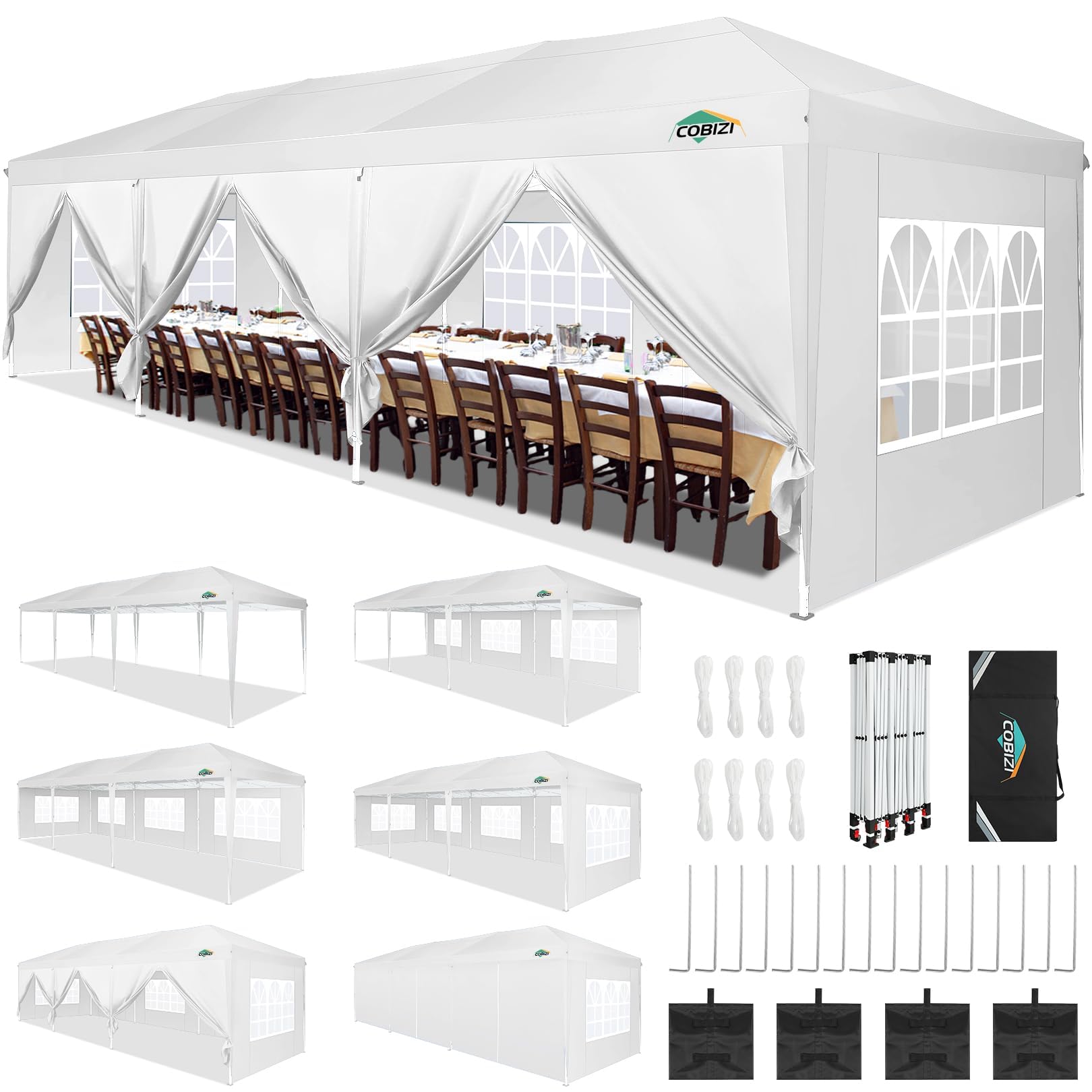 Photo 1 of COBIZI 10x30 Pop Up Canopy Tent for Parties with 8 Sidewalls Waterproof Commercial Instant Canopy 10x30 Party Tent for Backyard, Wedding Portable Outdoor Gazebo with Carrybag&4 Sandbags(White