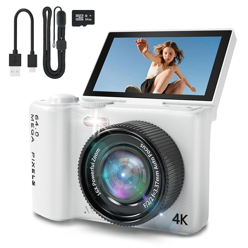 4K Digital Camera for Photography and Video, Point and Shoot Digital Cameras with Flip Screen
