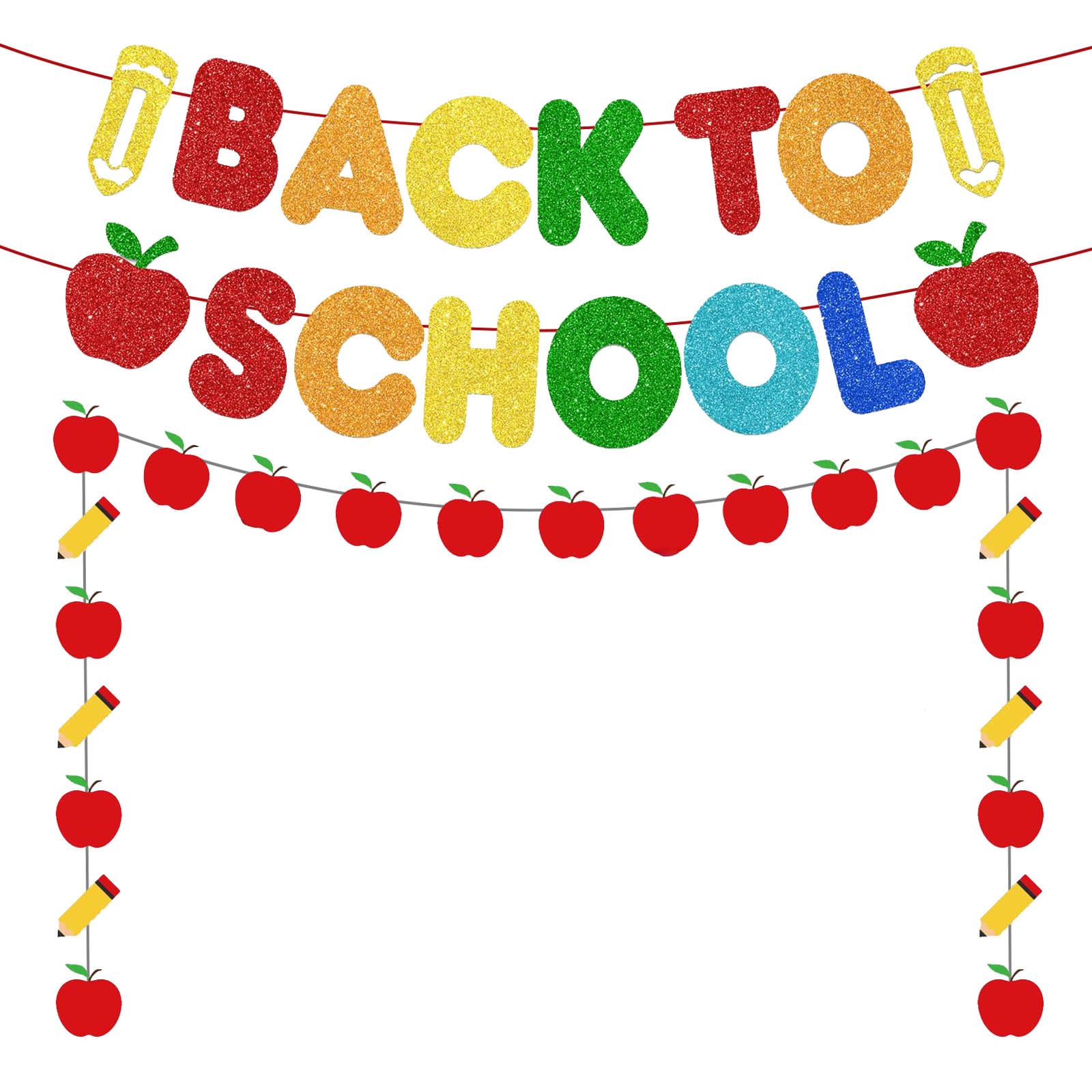 Glitter Back to School Banner, Colorful Pencil Apple Garland First Day of School Banner for First Day of School Classroom Decor Teacher Gifts Party Supplies