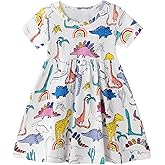 Hongshilian Toddler Girls Cotton Casual Dress Cartoon Print Short Sleeve Dress Girls Summer Sundress 2-7 Years