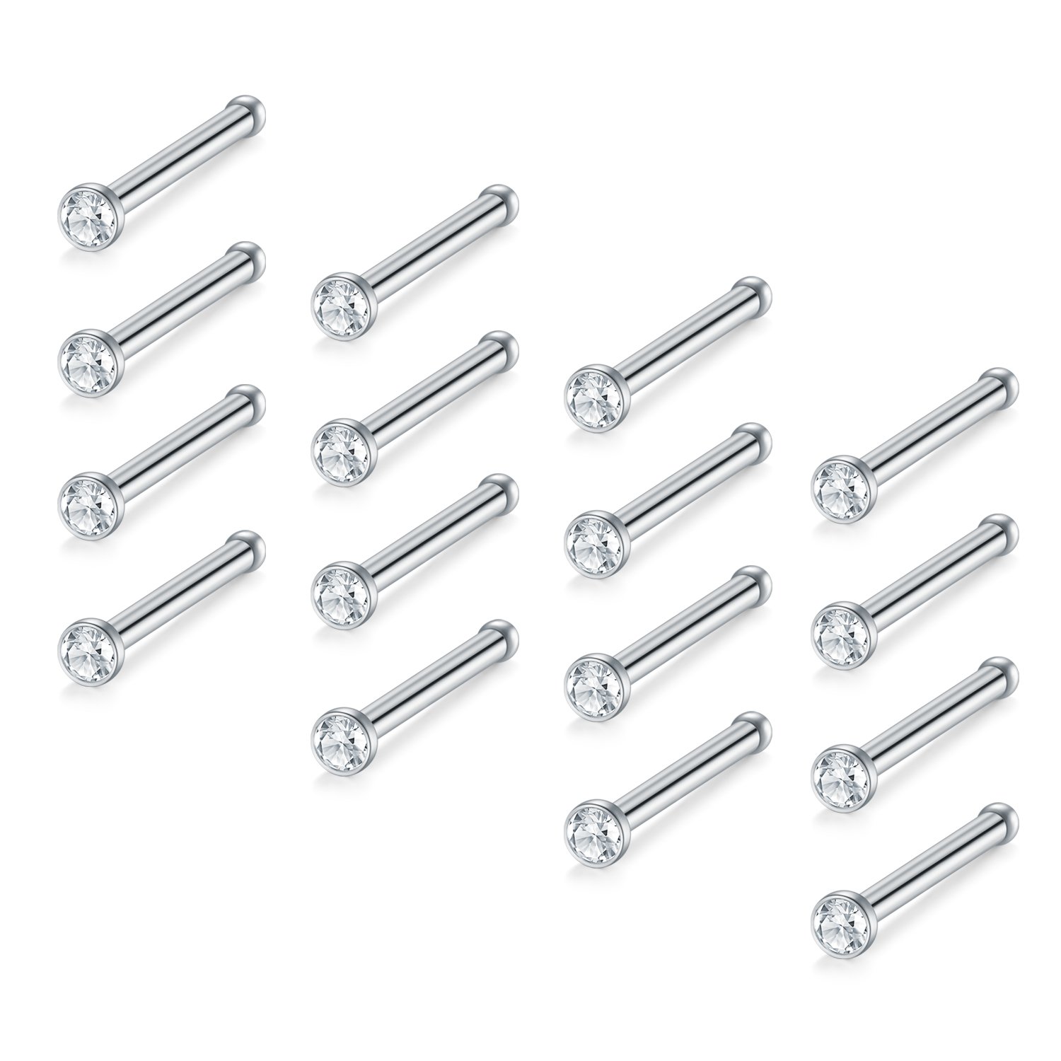 JFORYOU 16 Pcs 18G Nose Studs Pin Set 316L Surgical Steel Nose Pin Nose Stud Nose Bar Nose Bone