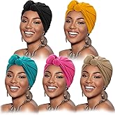 DRESHOW 5 Pack Knotted Headwraps for Women African Turban Pre-Knotted Beanie Headwraps Hair Covers