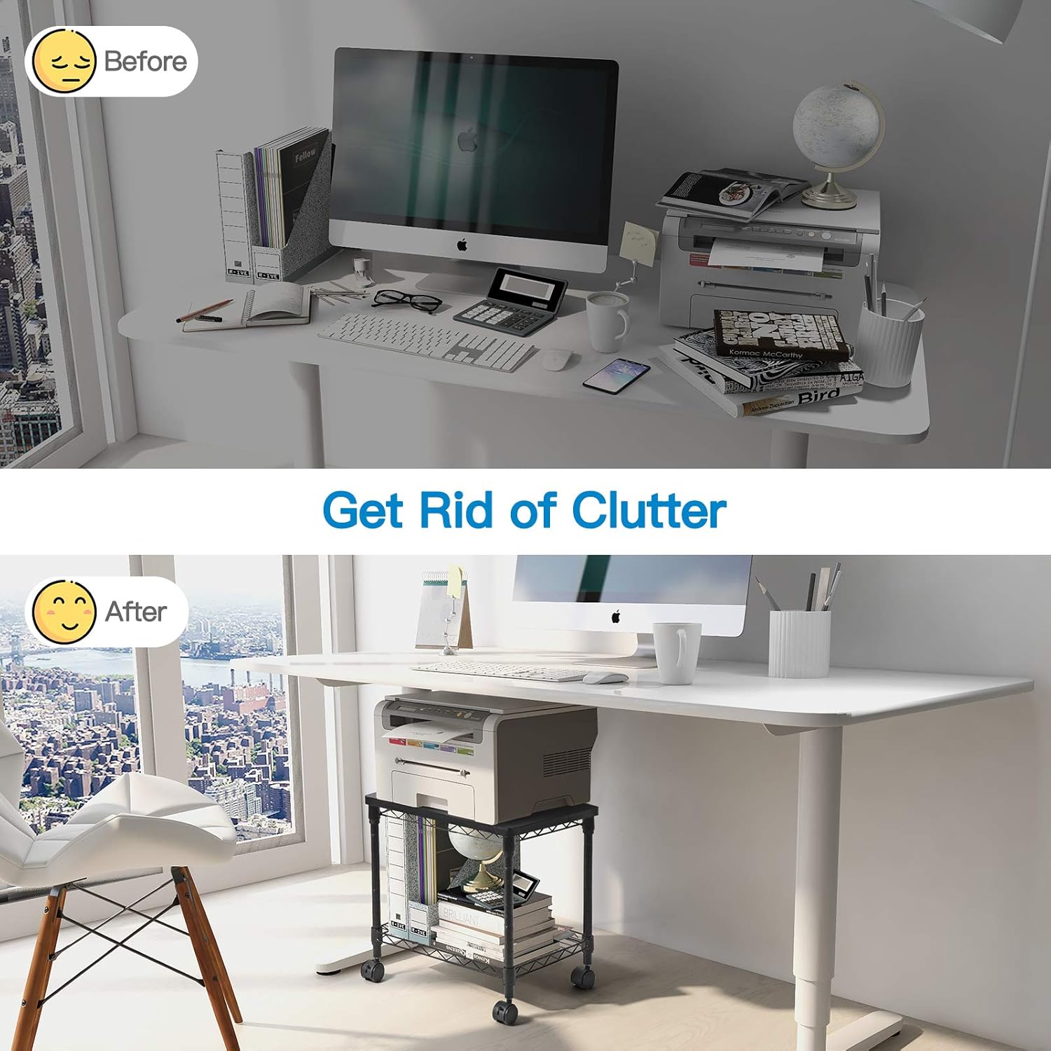 HUANUO Under Desk Printer Stand - 2 Tier Printer Cart for Storage, Mobile Printer Riser with Swivel Wheels, Holds up to 100 lbs, Perfect Desk Organizer Shelf for Home & Office: Electronics