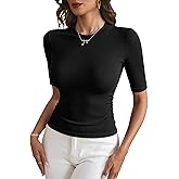 winkbay Women's Crew Neck Half Sleeve Ribbed Knit T Shirt Dressy Casual Tops