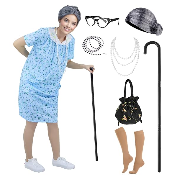 Amazon.com: ZeroShop Old Lady Costume adult 100 Days of School Grandma Wig  Nightgown Dress Sweater for Women's Funny Granny Wolf Halloween,S-M :  Clothing, Shoes & Jewelry