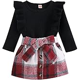 Noubeau Toddler Baby Girls Plaid Outfits Knit Ribbed Sweatshirt Shirt Tops Red Plaid Belt Skirt Fall Winter Clothes