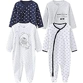 MAMIMAKA Baby Boys Girls Footies One-Piece Romper Long-Sleeve Jumsuit Cotton Newborn Clothes Set 4-Pack, Baby Pajamas