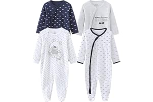 MAMIMAKA Baby Boys Girls Footies One-Piece Romper Long-Sleeve Jumsuit Cotton Newborn Clothes Set 4-Pack, 0-12 Months